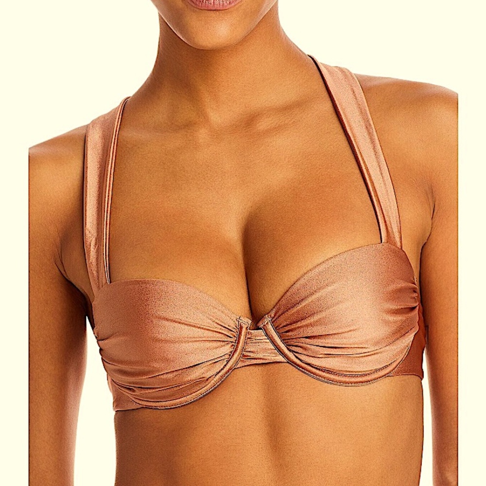 nwt AQUA SWIM Underwire Bikini Top Shimmering Golden Bronze Ruched Cross Back M